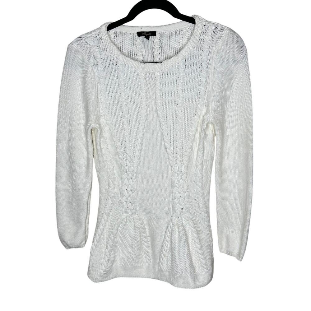 Cupio White Cable Knit Peplum Sweater Women's M Crewneck Long Sleeve Cotton